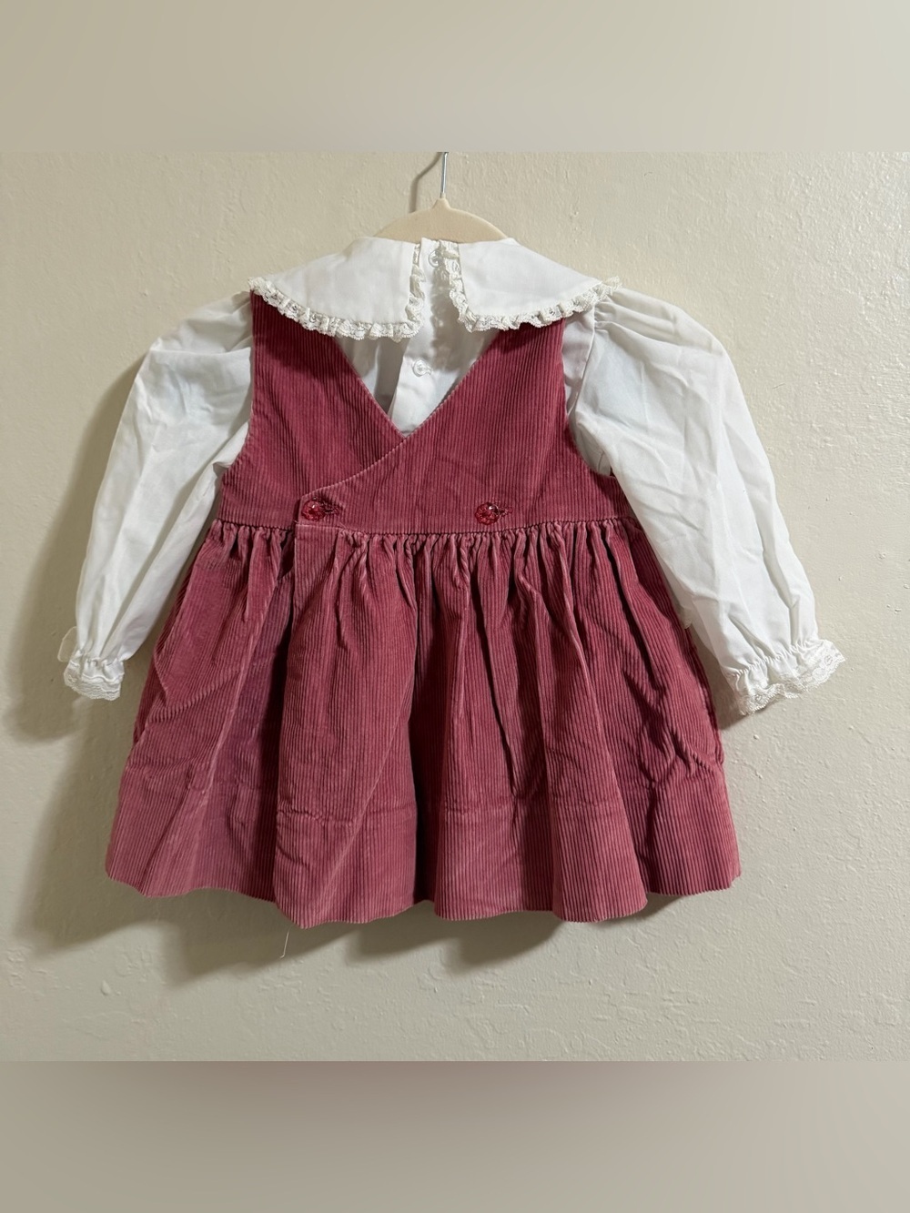 Vintage Toddler Girl 2-Piece Set Rose Pink Corduroy Pinafore & Lace Blouse 3T - Picture 9 of 14